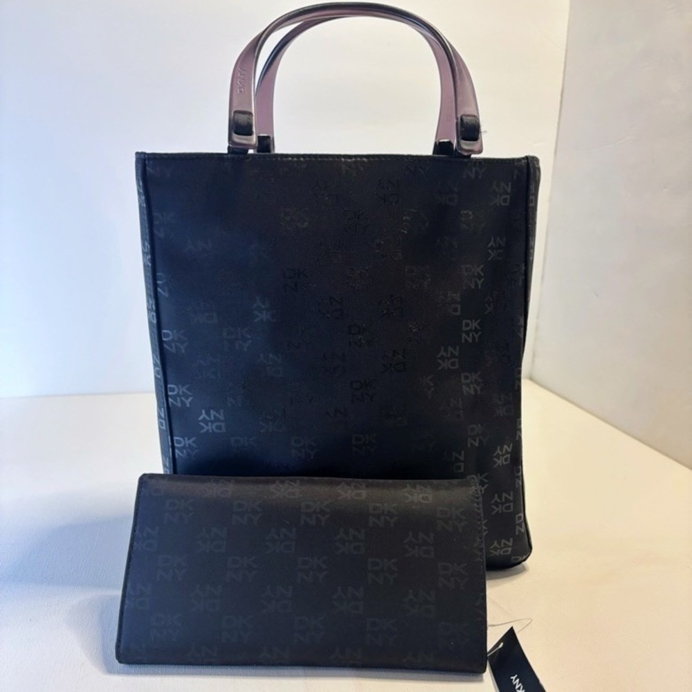 DKNY SET Handbag Tote + Wallet Monogram Logo Print Black Y2K 90s Vintage Nylon